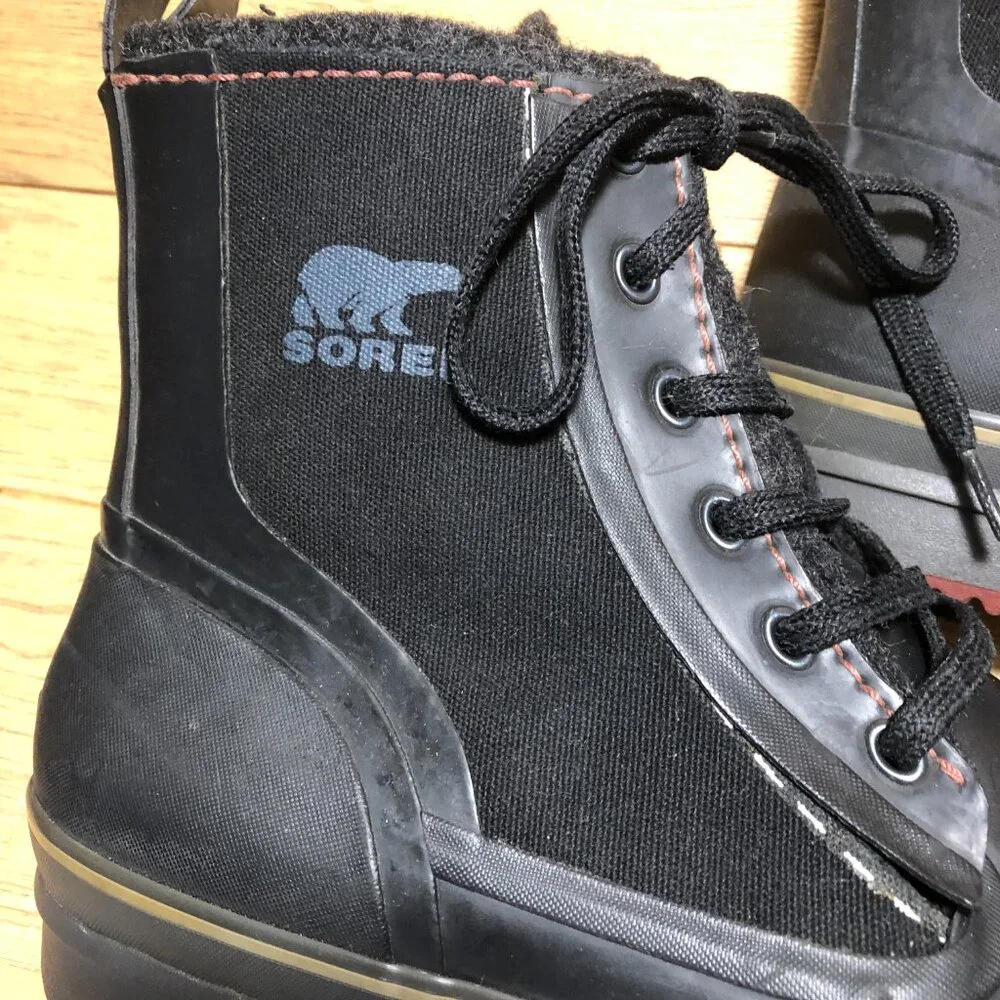 Sorel men black lace up boots, upper synthetic, wool lining, 13